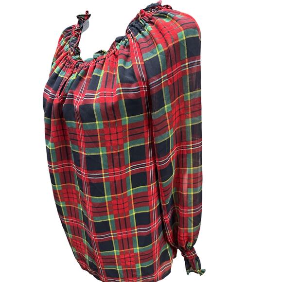 Talbots Christmas Top Blouse Red Black Green Plaid Sheer Ruffle S Holiday Party - Picture 4 of 10